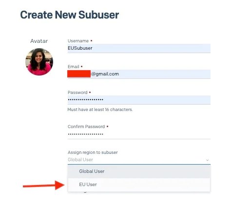 Form to Create a New Subuser in Account Settings Form for creating a new subuser with fields for username, email, and password, plus global or EU region selection.