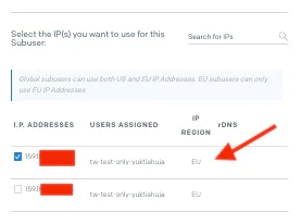 Screenshot of IP Address Assignment for Subusers User interface showing IP address assignment for subusers with one address selected and highlighted details.
