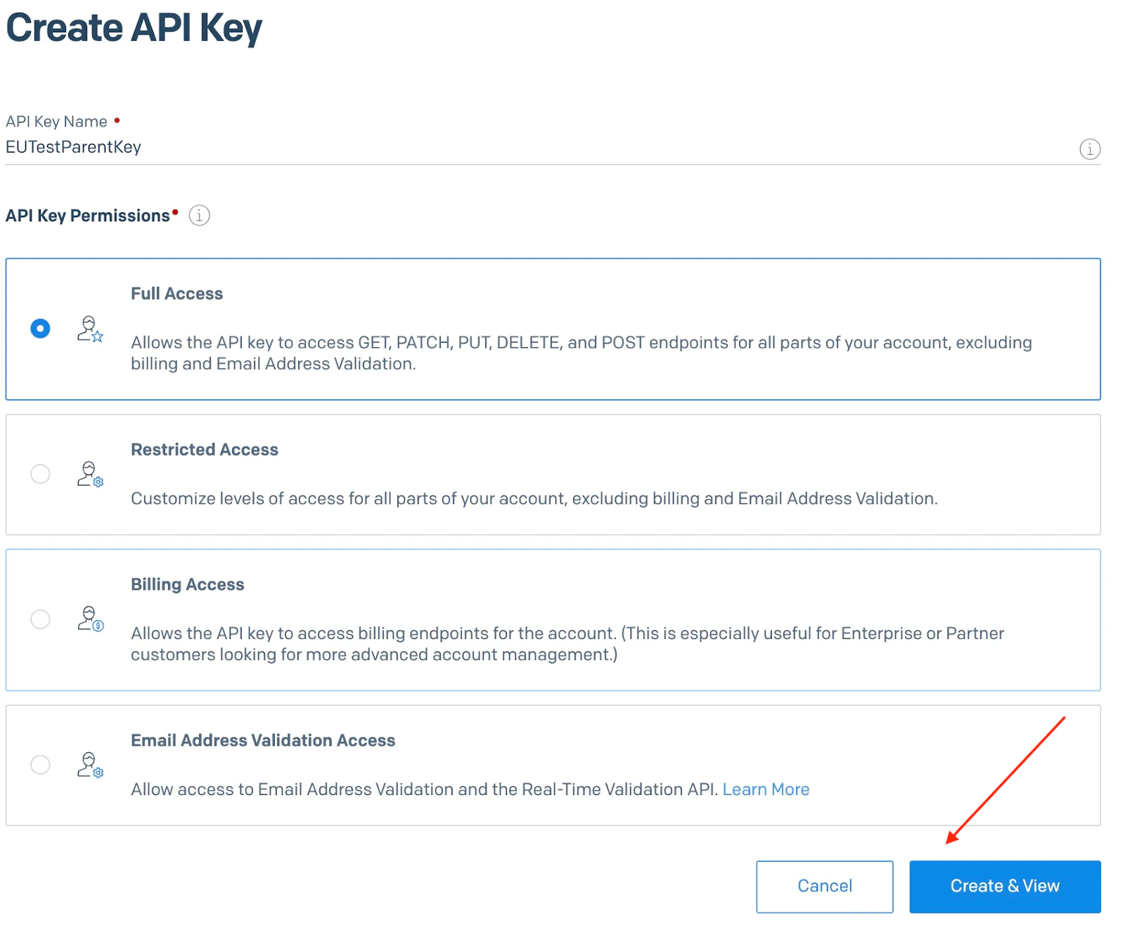 create parent key Create a SendGrid API Key