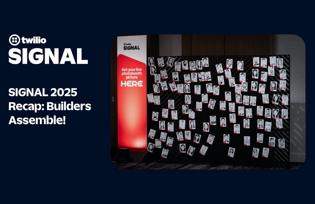 Wall covered with photos at Twilio SIGNAL 2025 recap event next to a sign about a live photobooth.