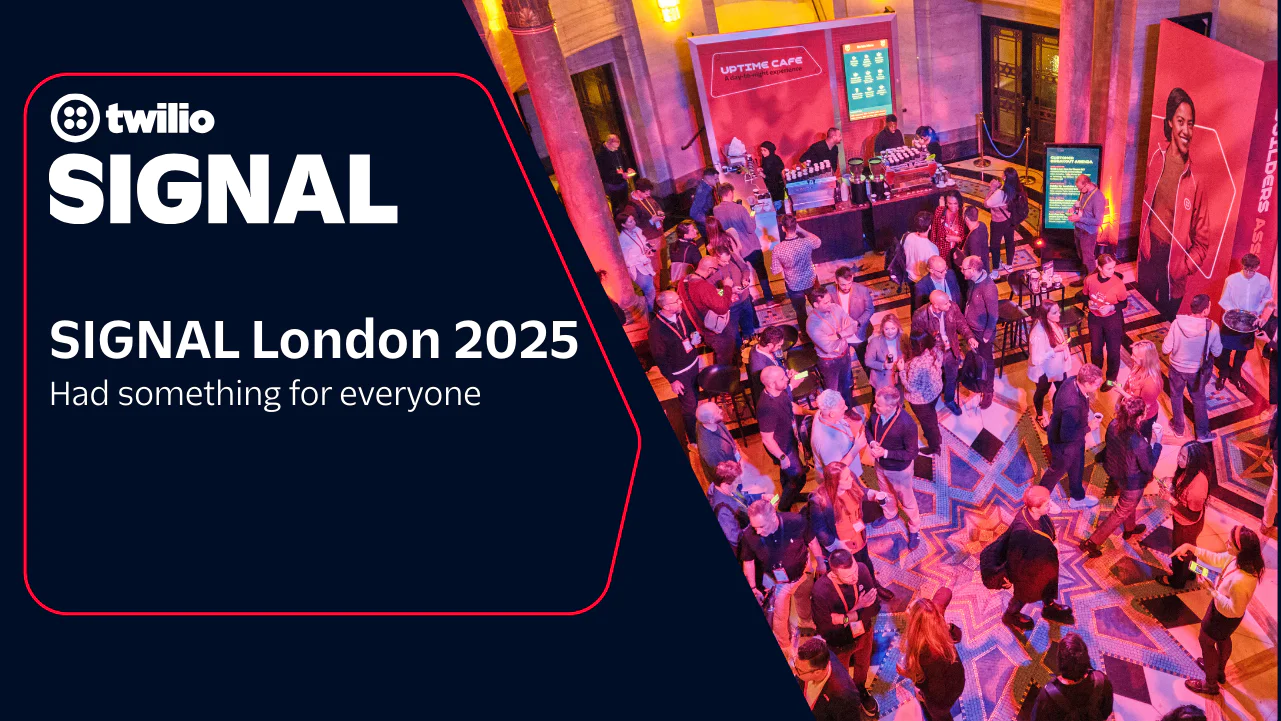 A crowd of people attending Twilio SIGNAL London 2025 event with vibrant purple and pink lighting.