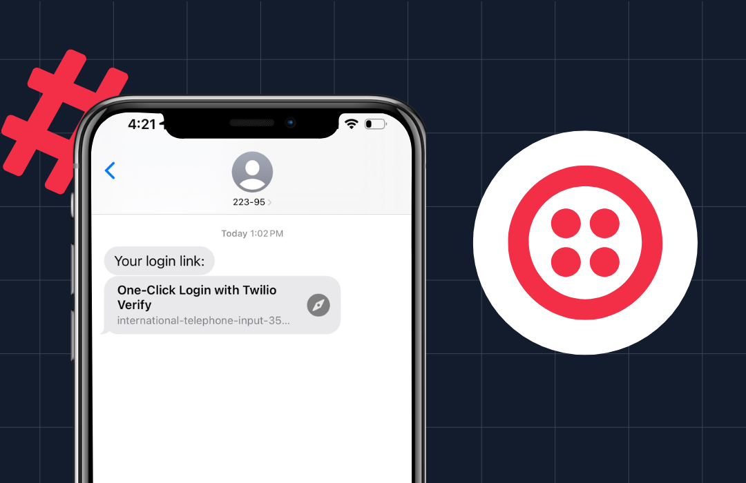 Phone displaying a Twilio SMS with a one-click login link and Twilio logo in background.