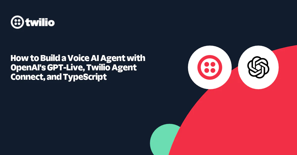 Twilio and OpenAI branded image promoting a tutorial on building a Voice AI Agent with TypeScript.