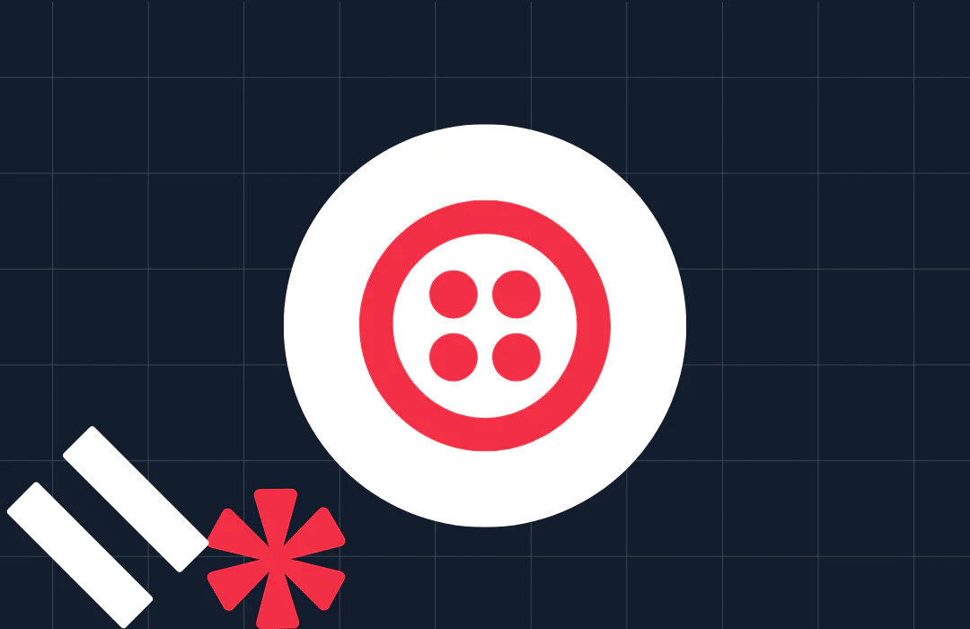 Red button with white border and four holes on a dark grid background, with two red shapes in the bottom left corner.