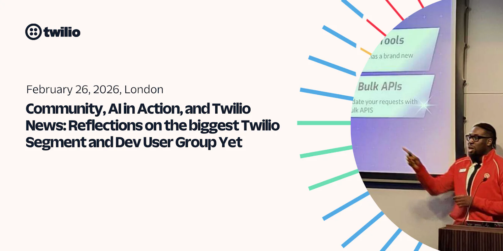 Speaker presenting at Twilio event in London with a slide displaying information about Bulk APIs.