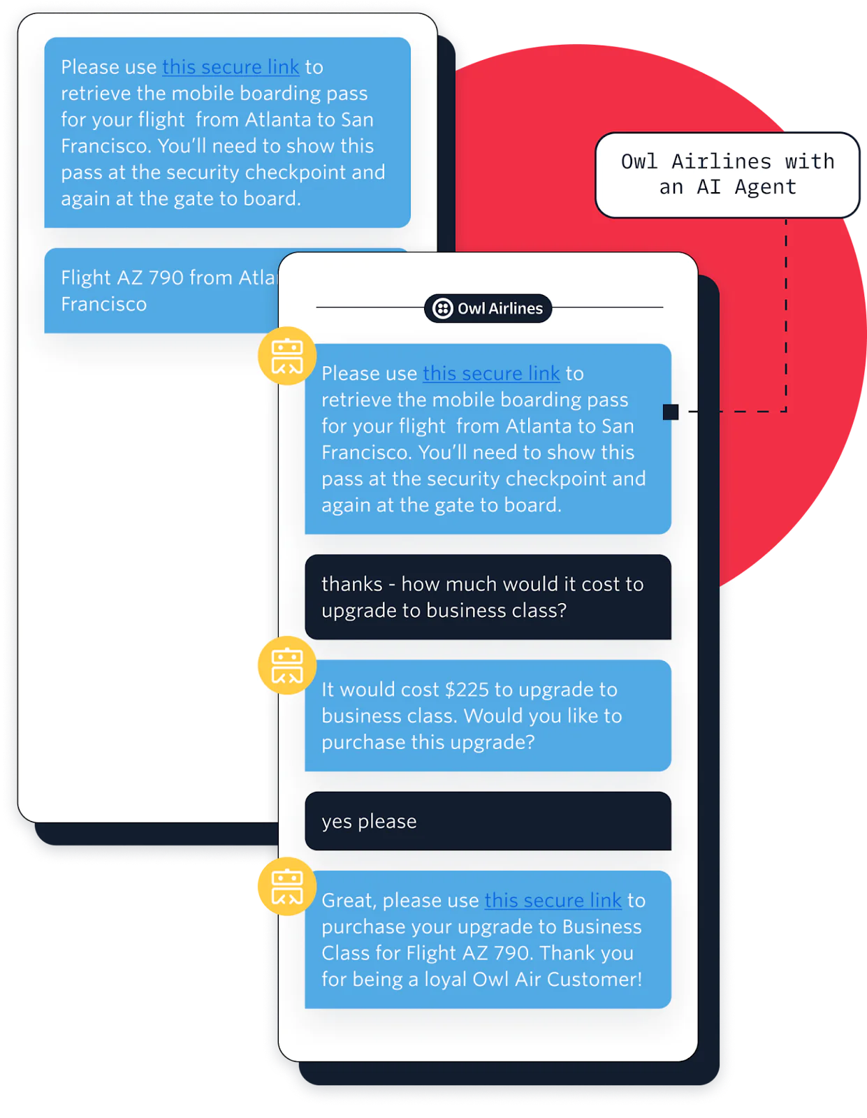 An AI chatbot assists a passenger with upgrading to business class for a flight from Atlanta to San Francisco.