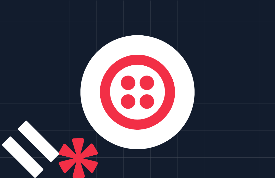 Red button inside white circle with two white bars and a red asterisk on dark grid background.