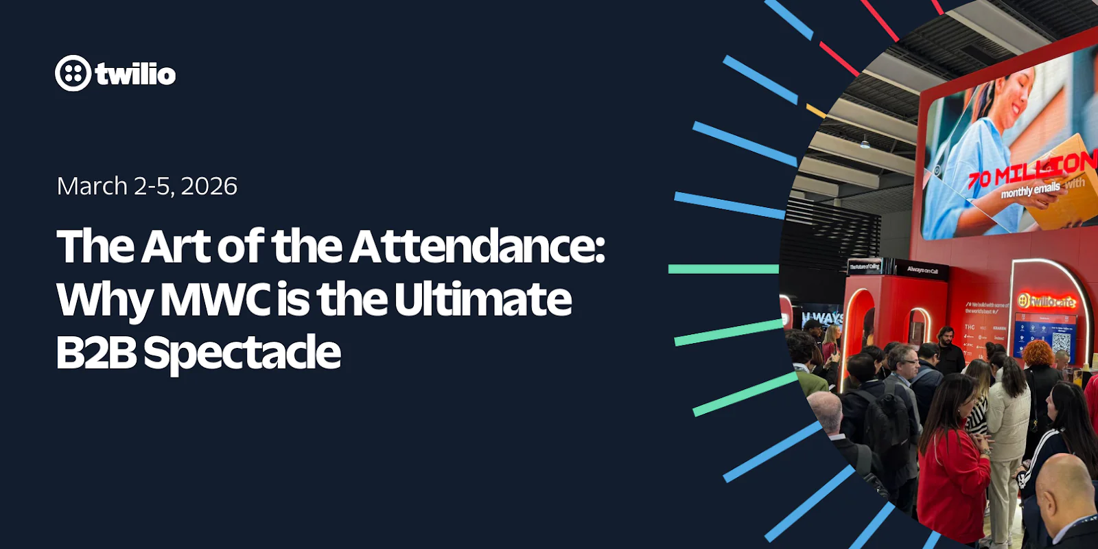 Twilio event poster for MWC 2026 with attendees and a 70 Million display screen.