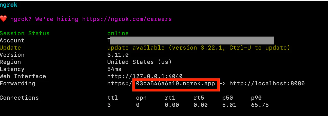 Screenshot of an Ngrok session status showing connection details, an active session, and a forwarding URL.
