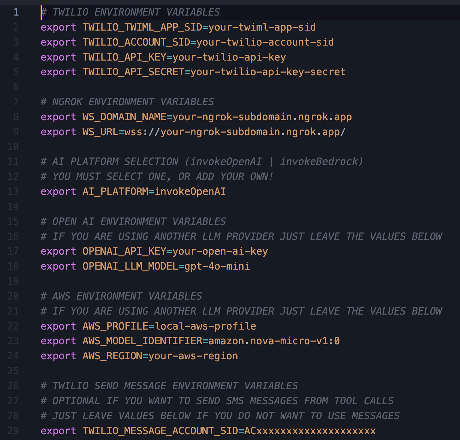 Code snippet showing export commands for configuring Twilio, NGROK, OpenAI, and AWS environment variables.