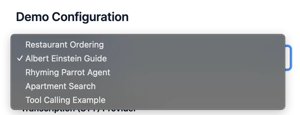 Screenshot of a dropdown menu with options for different demo configurations like Albert Einstein Guide.