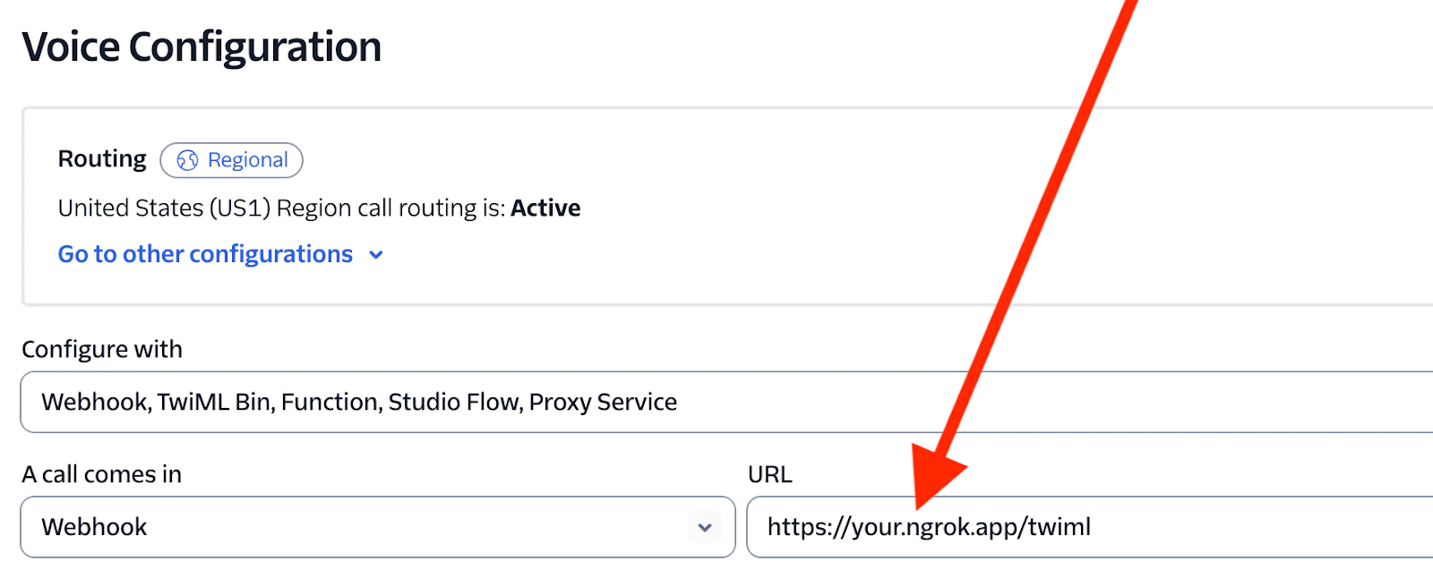 Screenshot of Twilio Voice Configuration page showing the webhook URL setup with an arrow pointing to the URL.