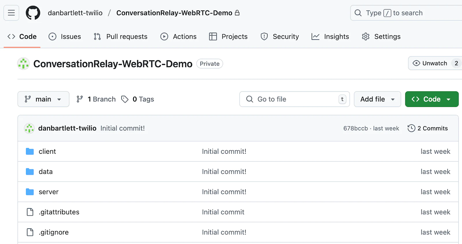 GitHub repository page showing the main branch with initial commit files for ConversationRelay-WebRTC-Demo