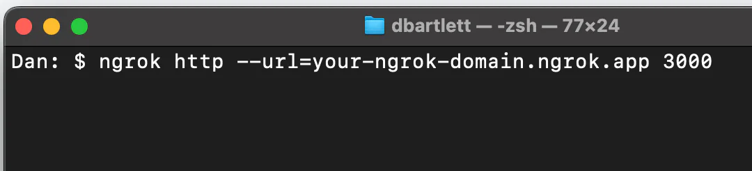 Terminal window showing a command to start Ngrok with a specified URL.