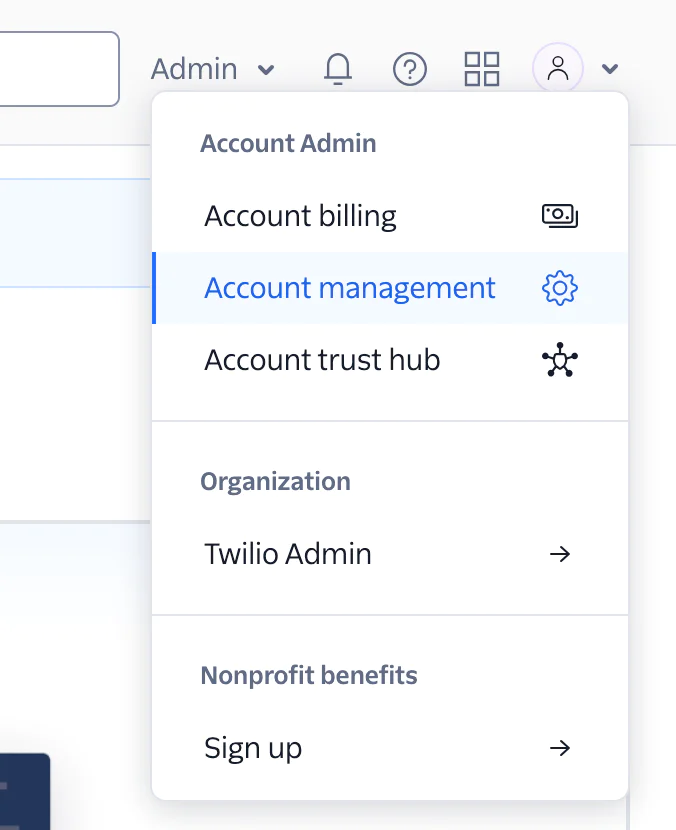 Dropdown menu with options for account billing, account management, trust hub, admin, and nonprofit benefits.