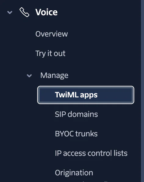 Screenshot of Twilio Voice console showing options like Overview, Try it out, and Manage with TwiML apps highlighted.