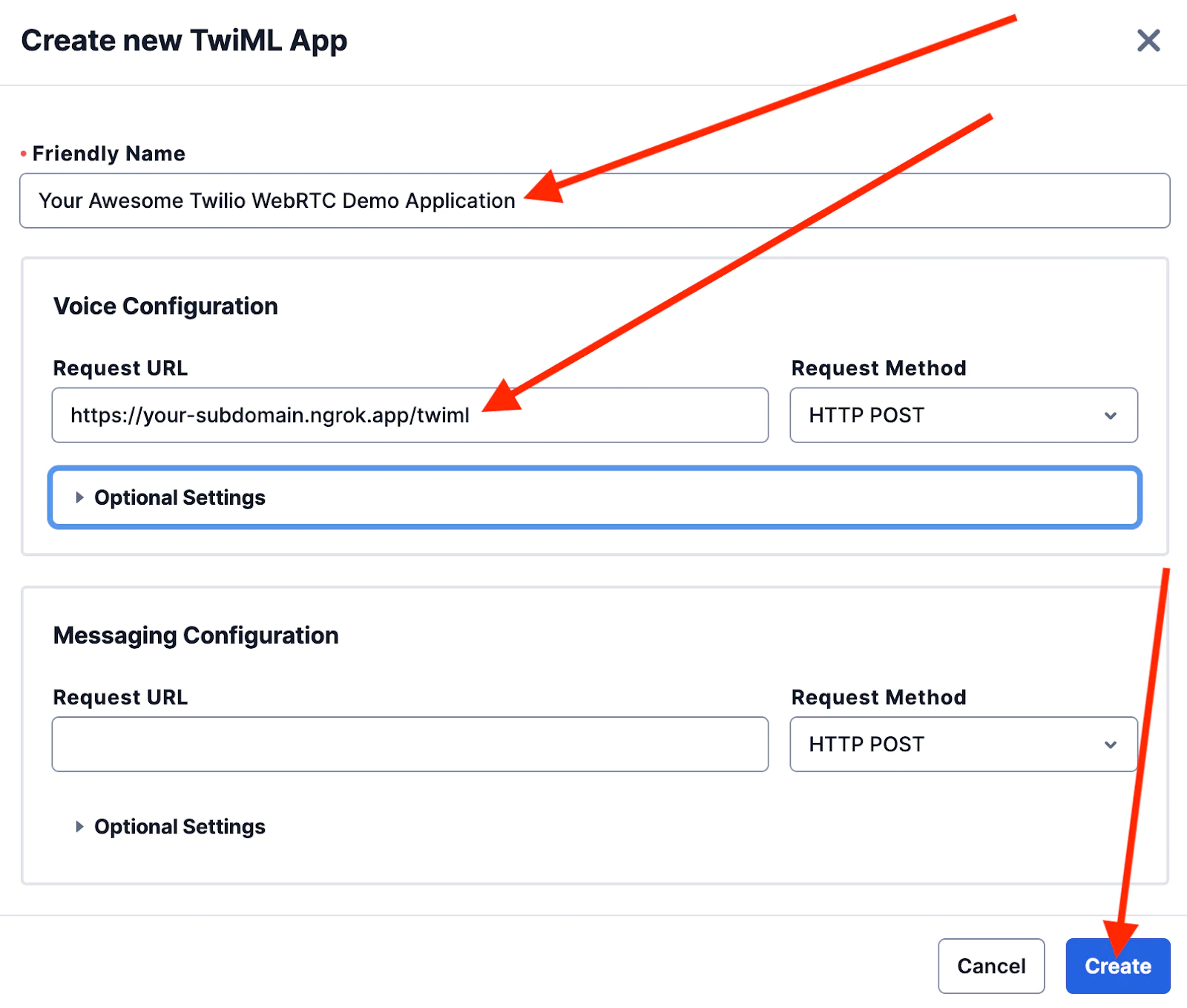Screenshot of the 'Create new TwiML App' page with fields for Friendly Name, Voice URL, and Messaging URL