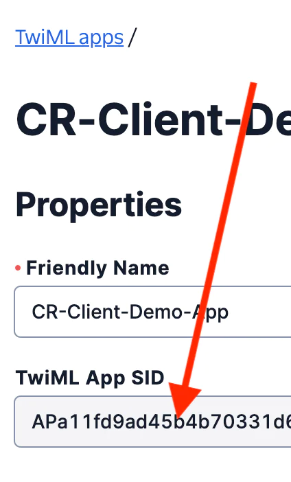 Twilio console displaying TwiML app SID and friendly name.