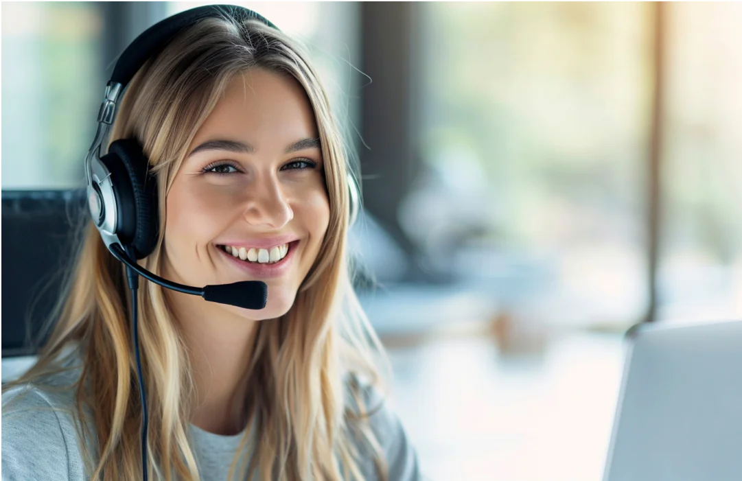 Smiling woman with long hair wearing a headset in a bright office environment.