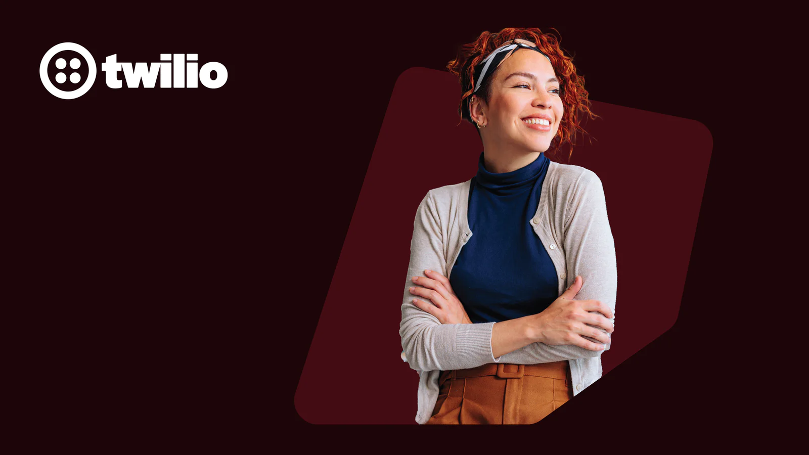 Person smiling, wearing a headband and casual outfit, with the Twilio logo on a dark background.