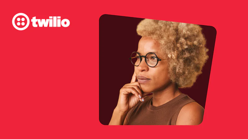Individual with glasses and afro hairstyle thinking, Twilio logo on red background
