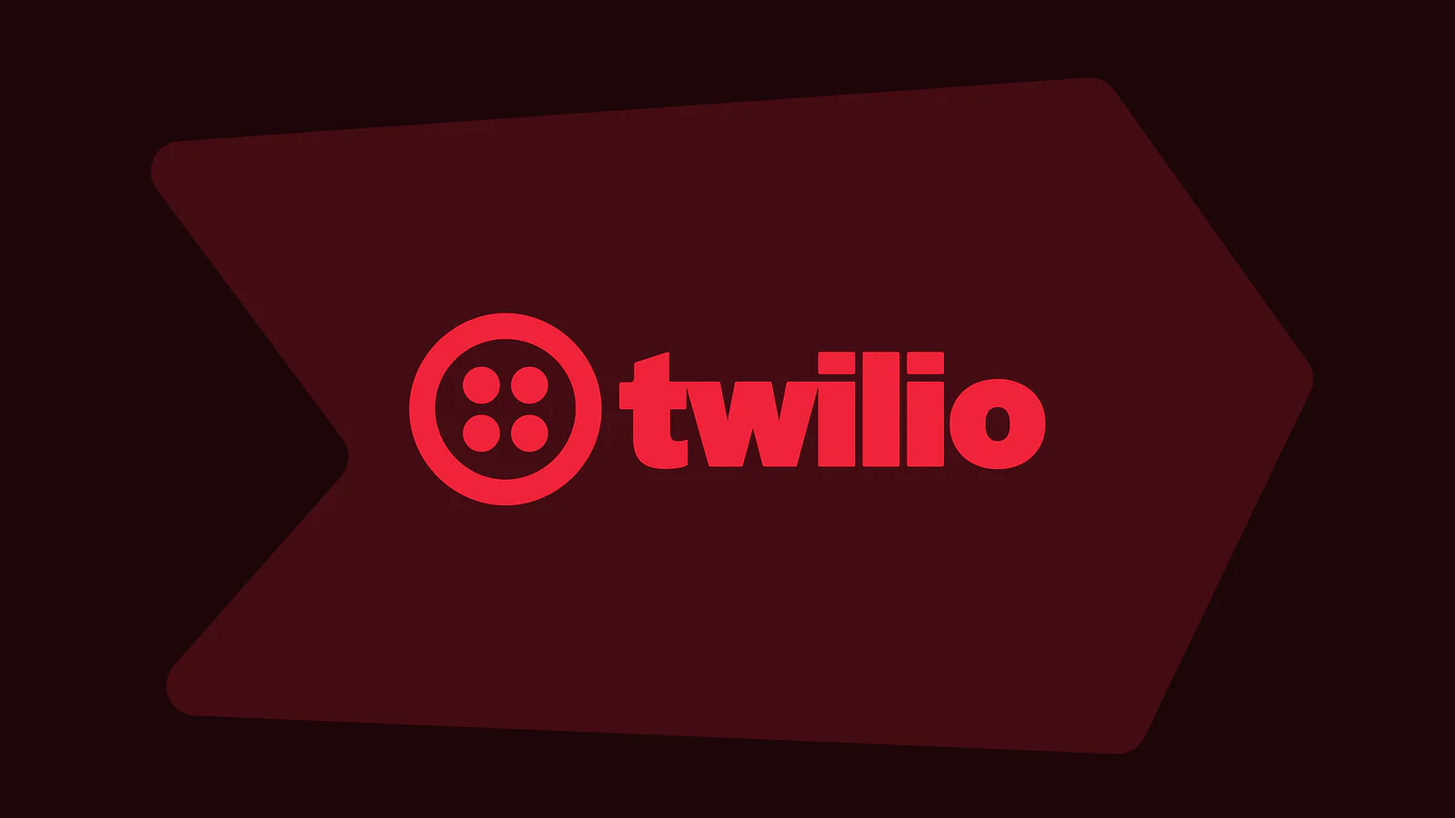 Twilio logo with red button icon and text on a dark maroon arrow-shaped background.