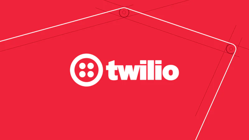 Twilio logo with white text and icon on a red background with white and black geometric lines.