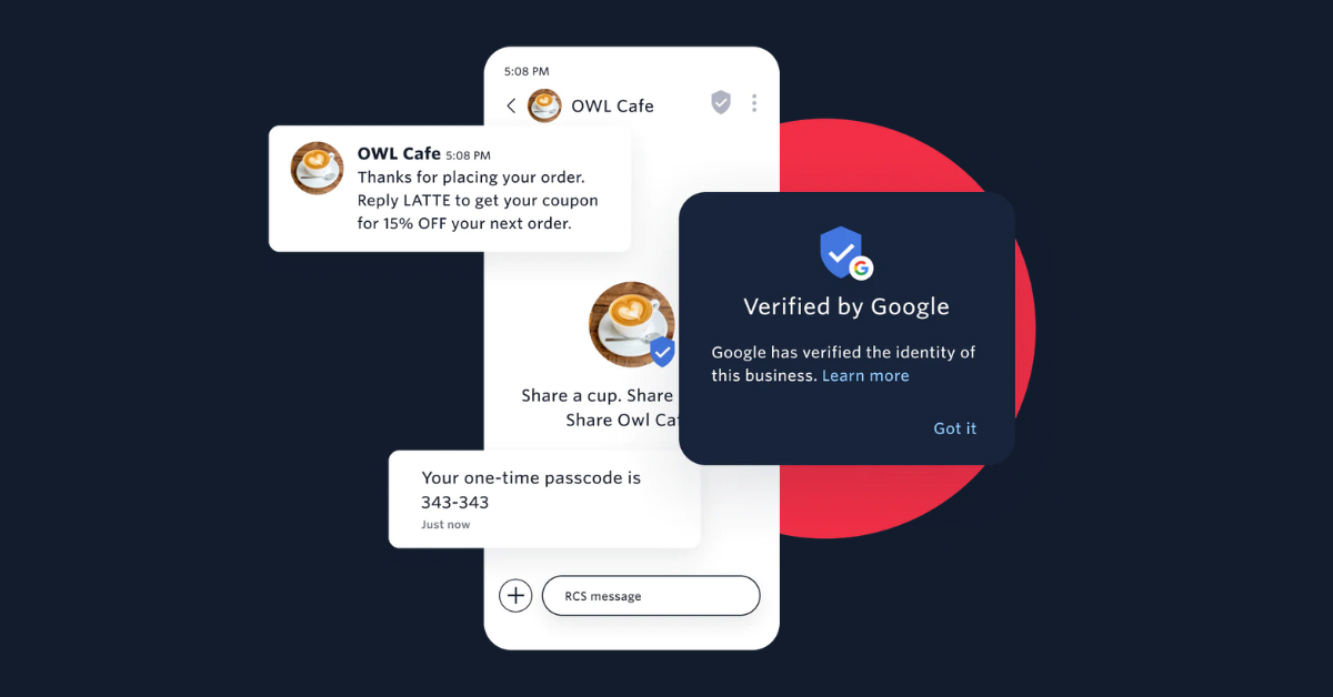 Chat showing messages from OWL Cafe and a verification badge from Google confirming the business.