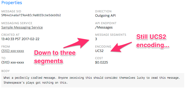 Tres segmentos de SMS debido a la codificación