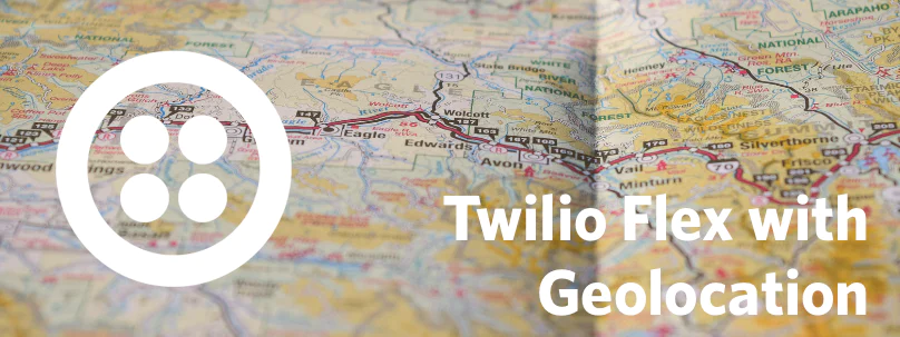 Twilio Flex logo on a detailed map background with prominent geolocation markers.