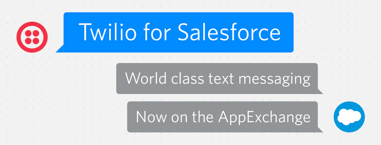 Twilio and Salesforce logos with text bubbles about Twilio for Salesforce and AppExchange.