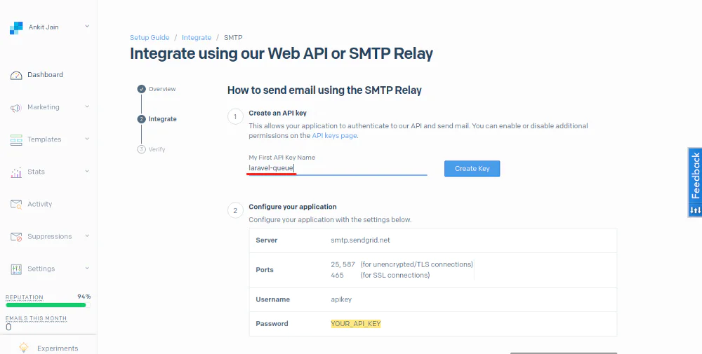 SendGrid setup guide to create and configure an API key for email integration using SMTP relay.