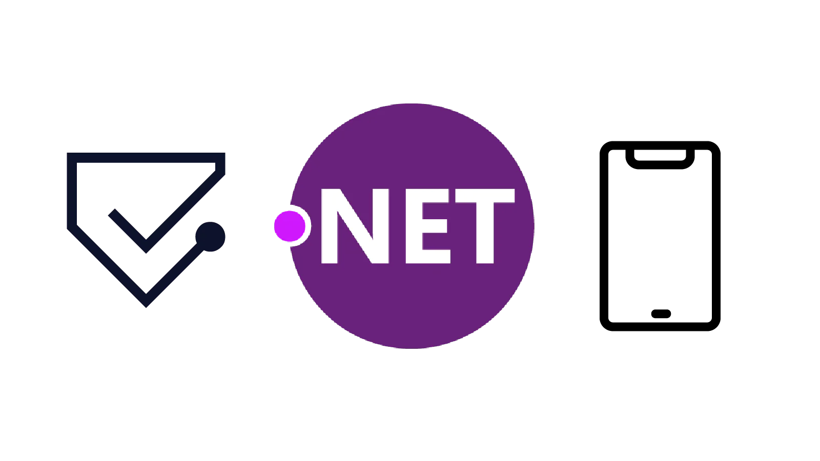 Icons of a checkmark in a box, .NET symbol in a purple circle, and a smartphone.