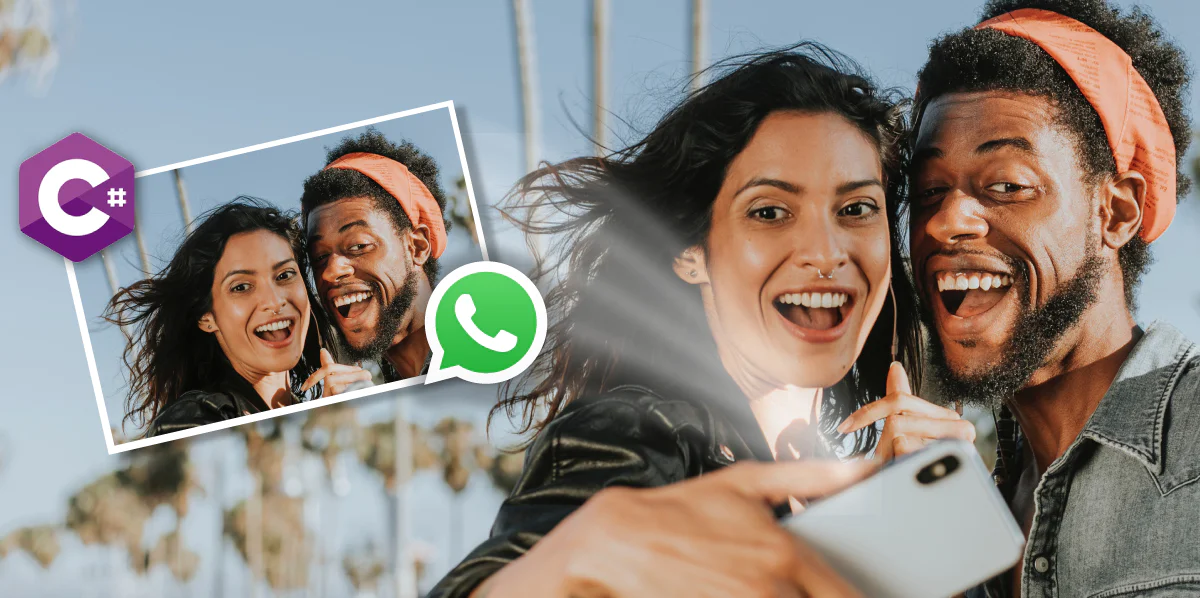 Two friends smiling and taking a selfie with WhatsApp and C# icons overlay in the background.
