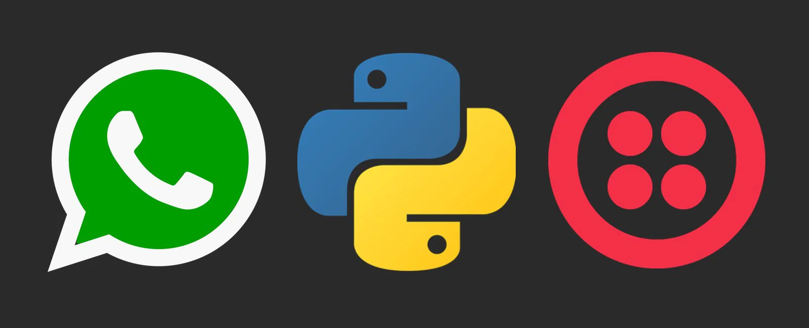 Logos of WhatsApp, Python, and Twilio on a black background.