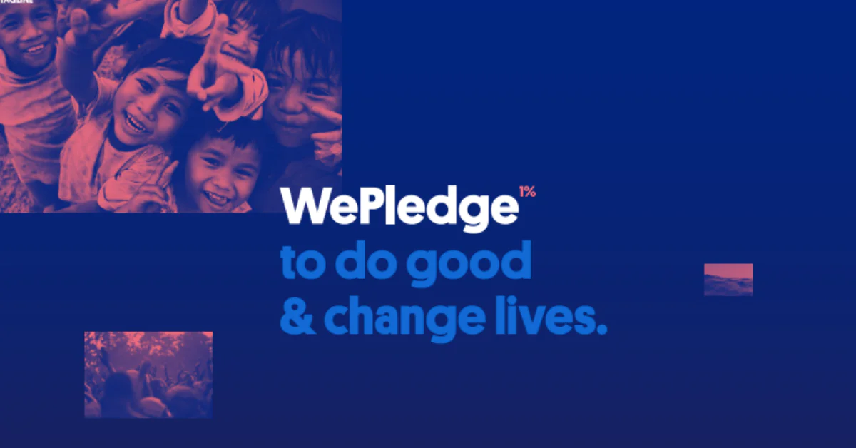 Group of smiling children with text WePledge 1% to do good &amp; change lives.