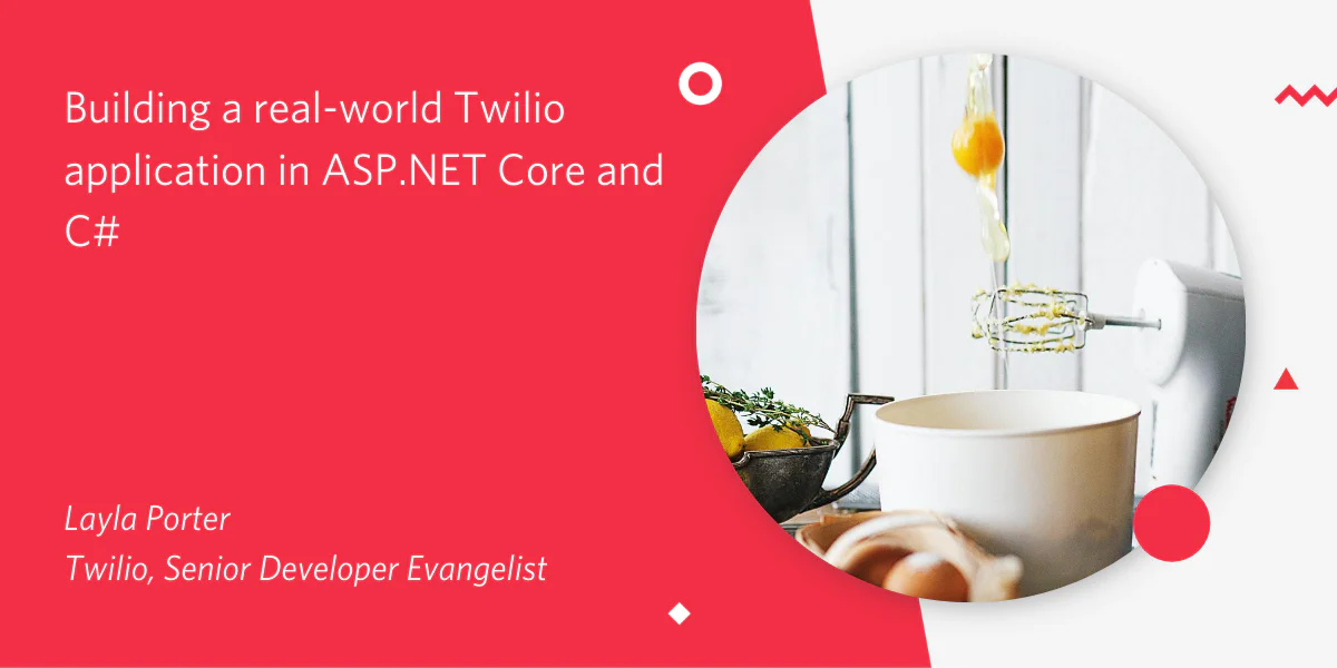 Layla Porter presenting about Twilio application in ASP.NET Core with image of a kitchen scene in the background.