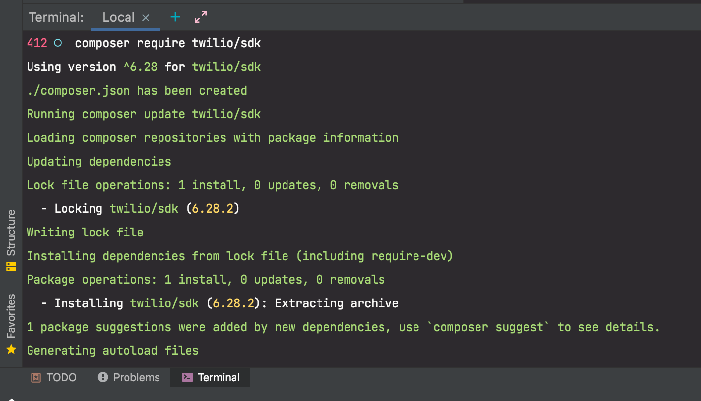 Running composer require in PhpStorm&#x27;s terminal tab.