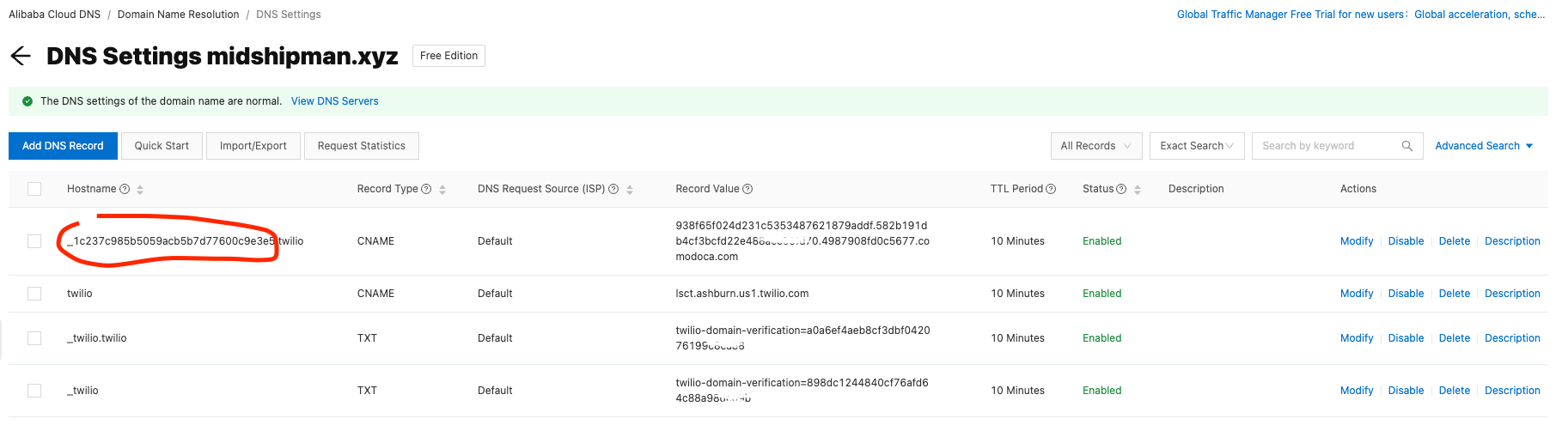 Verify the certificate for the domain in your DNS console