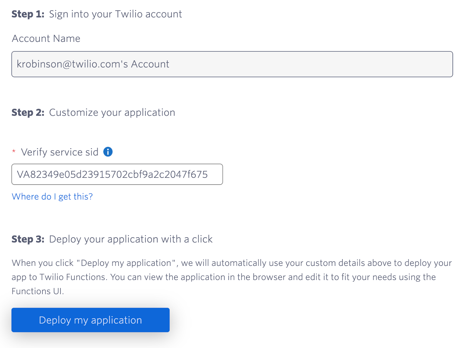 Twilioのクイックデプロイ手順1~3(VerifyサービスのSIDを入力するフィールドと、アプリケーションをデプロイするための送信ボタンを含む)