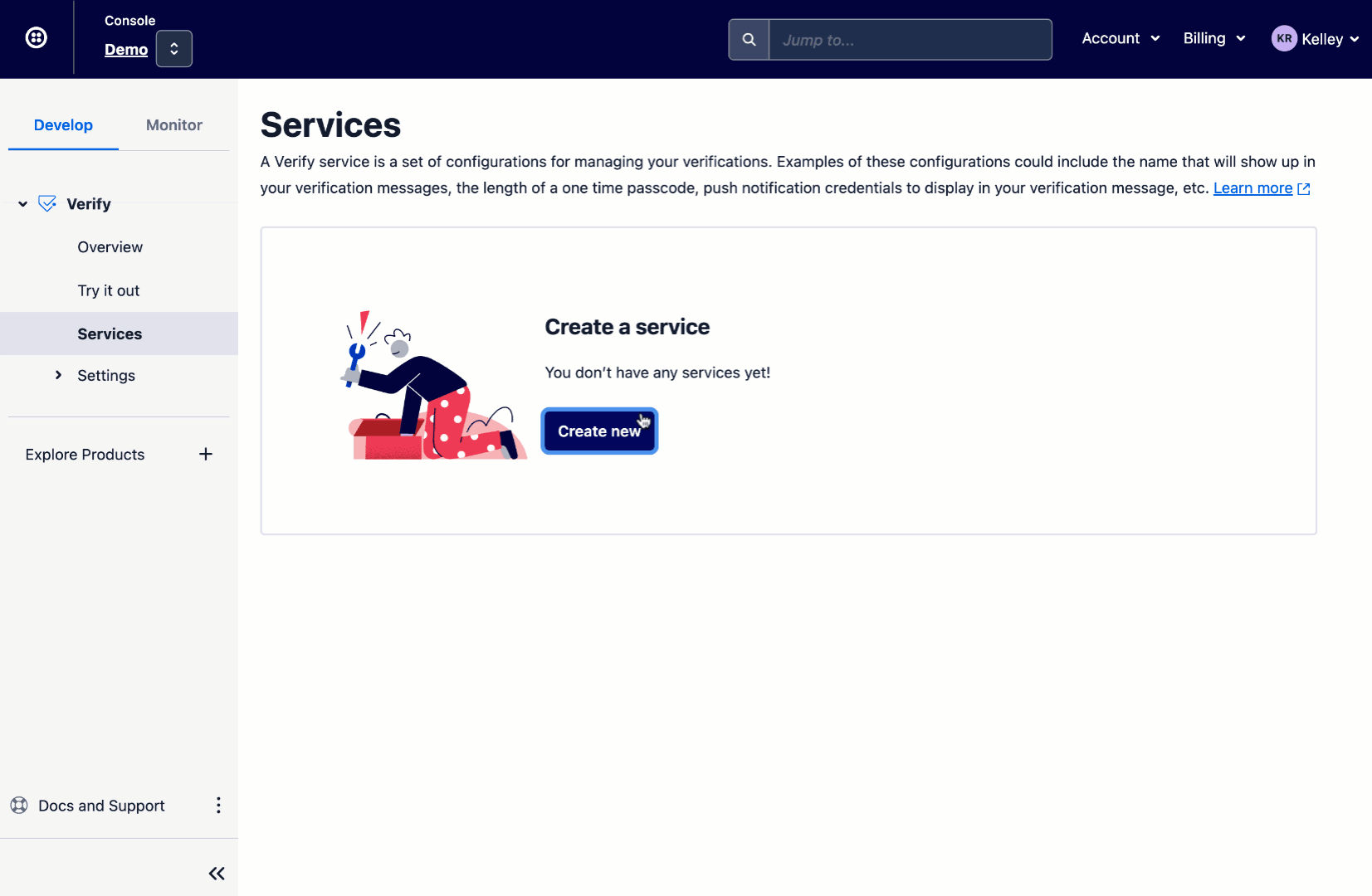 Twilio ConsoleでのVerifyサービス作成フロー。