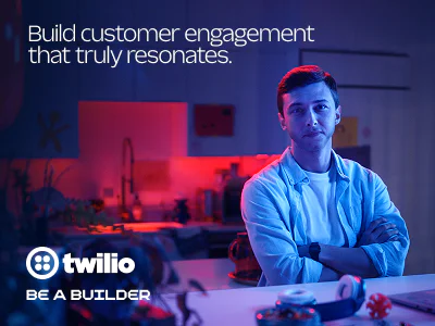 Digital Marketing Professional in a Tech Office Man standing with crossed arms in a tech office, promoting Twilio, with tagline on customer engagement.