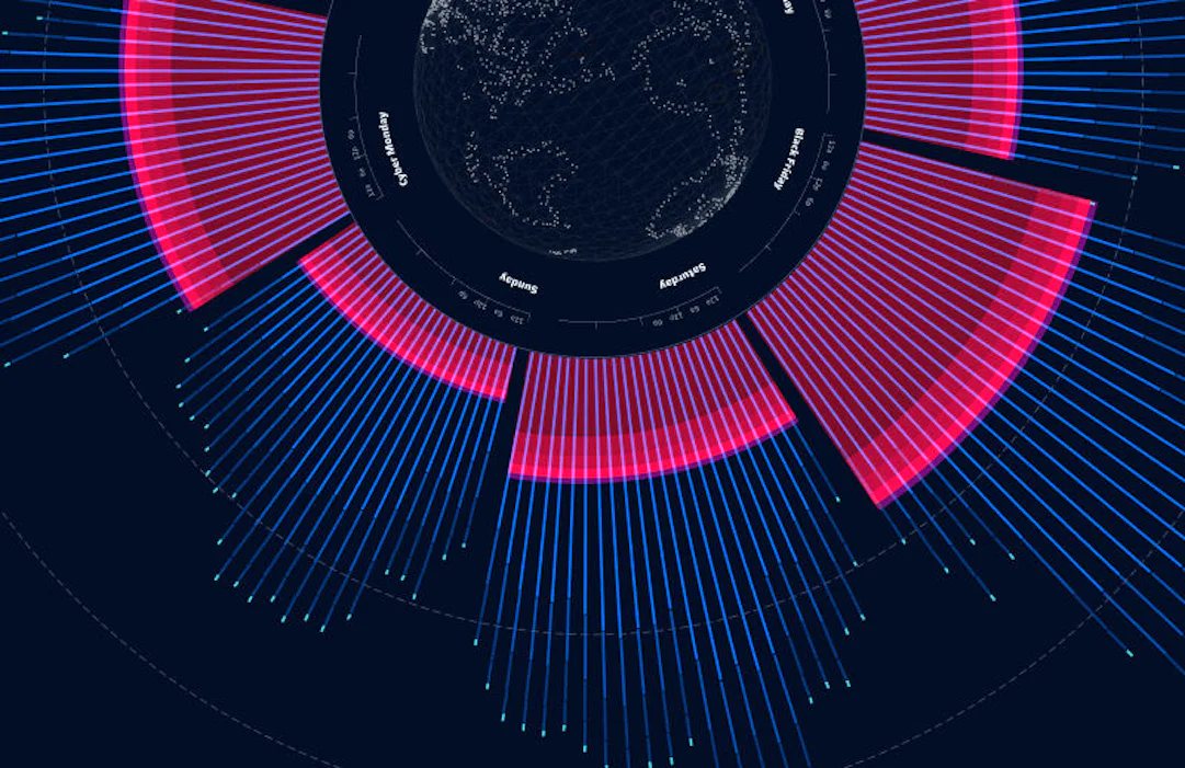 Circular graph with blue and pink lines representing global data connections on a dark background.
