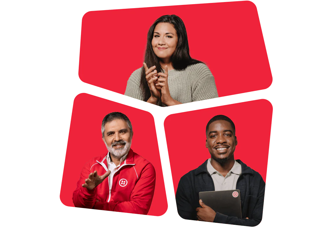 Three individuals, two men and one woman, smiling against a red background