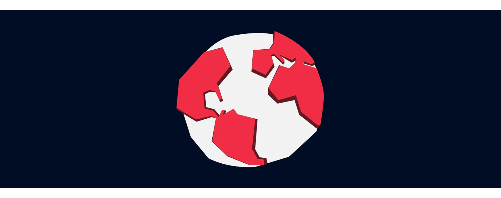 A stylized red and white globe with angular shapes on a dark blue background.