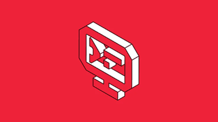 A white and red abstract isometric 3D symbol on a bright red background.