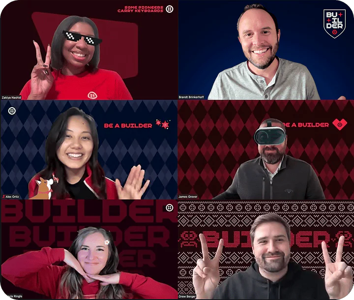 Six people in a grid during a virtual team meeting, wearing different outfits and showing various hand gestures.