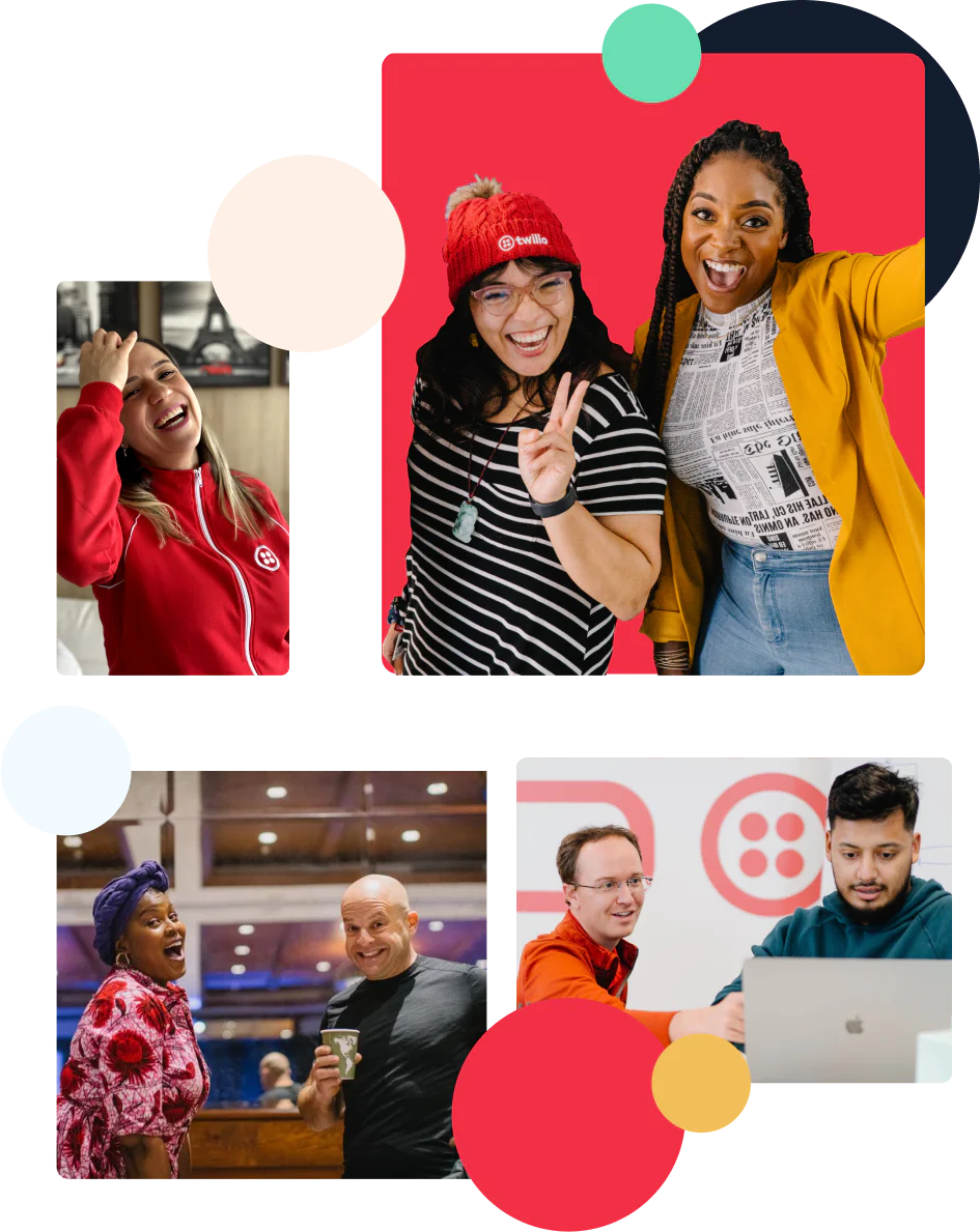 A collage of Twilio employees laughing, smiling, and talking