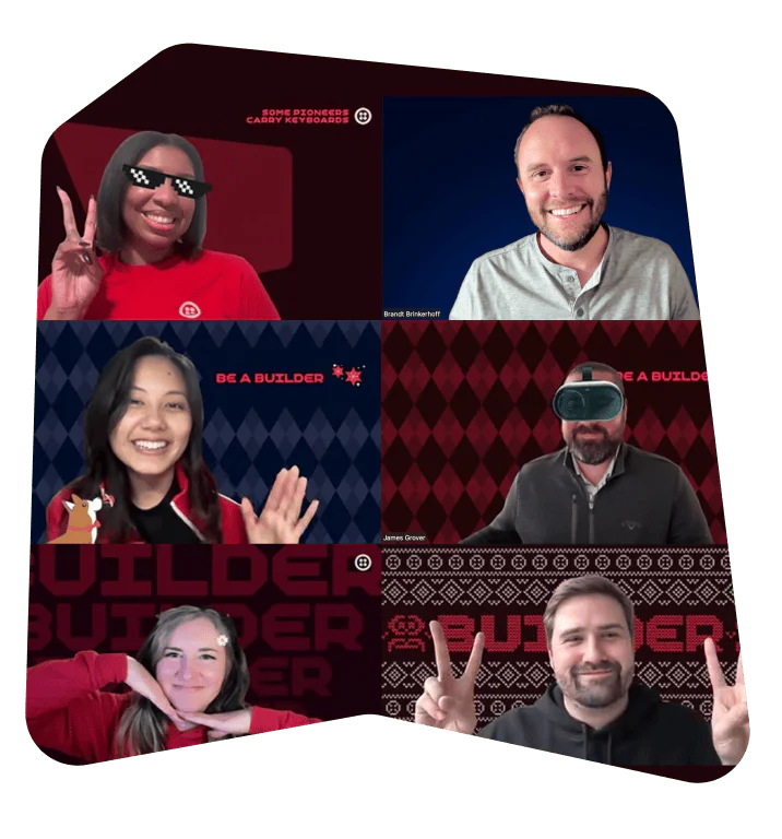 Six team members in a virtual meeting with customized backgrounds and various hand signs.