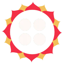 Mandala design with four white circles in the center and surrounding red and yellow petal shapes.